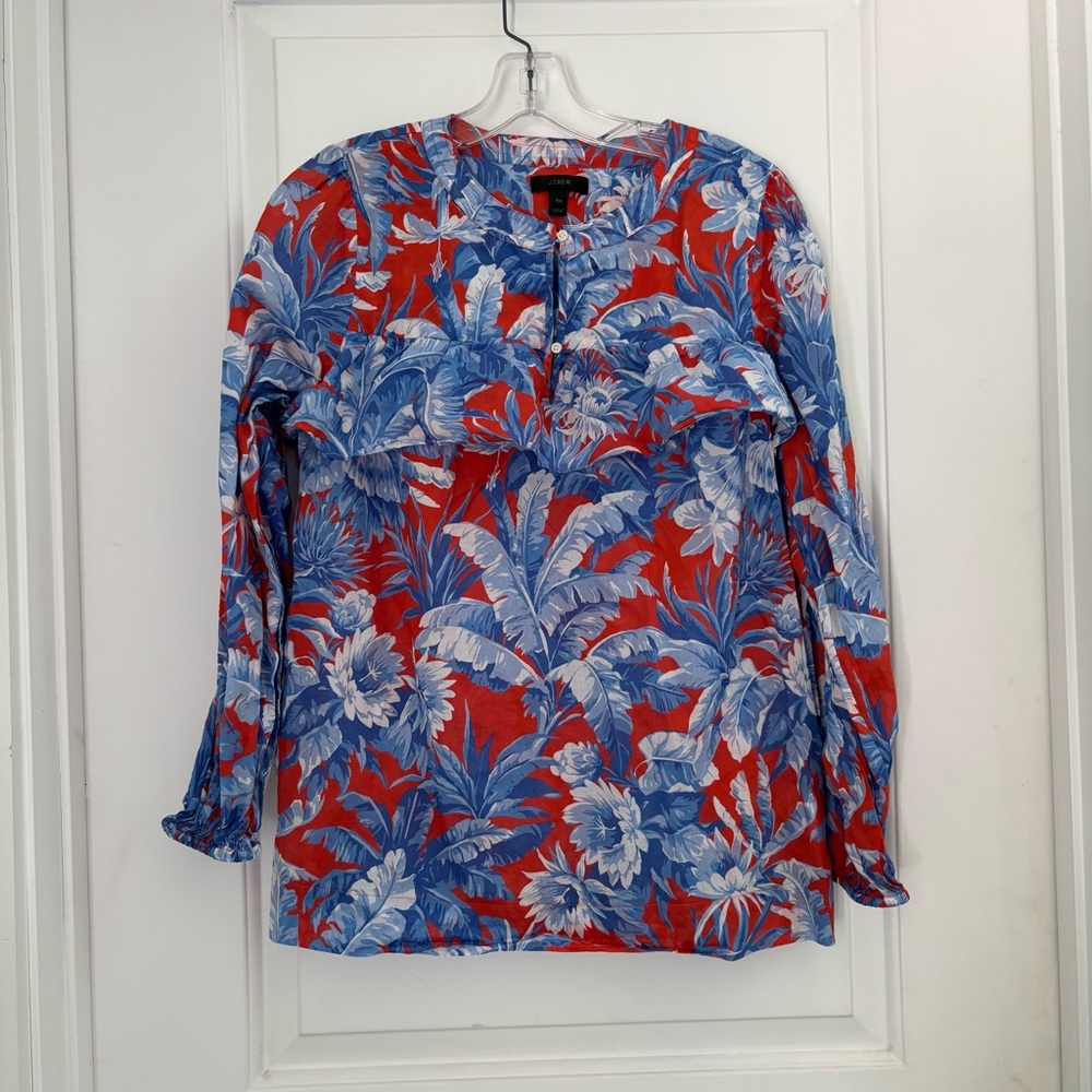 J. Crew Red and Blue Flowers Pullover Ruffle Boho Blouse Long Sleeves